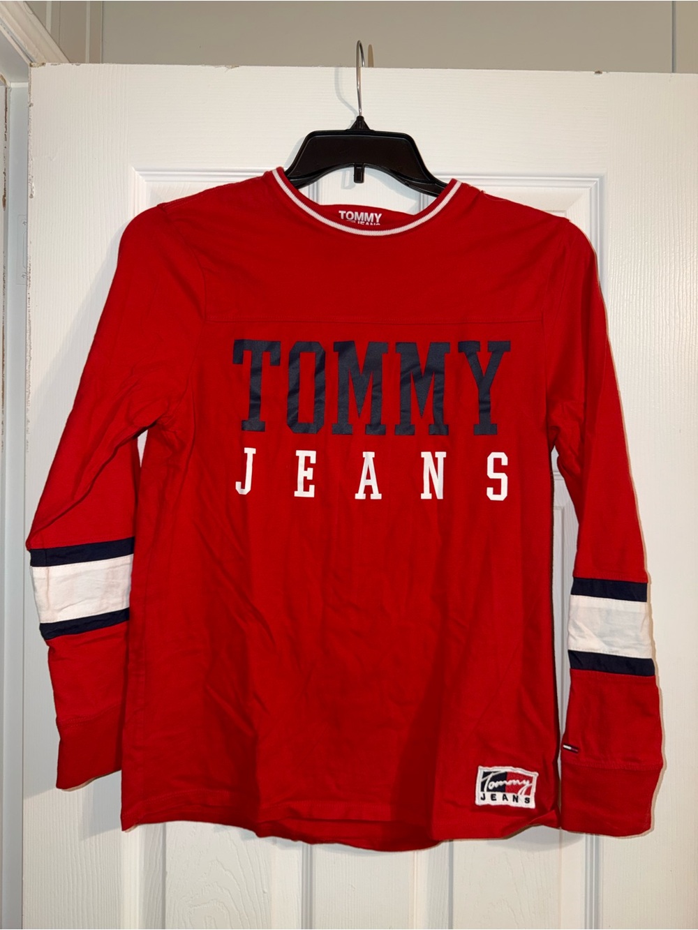 Tommy Hilfiger Jeans Red Long Sleeve Big Logo Tee Heritage 90s Block Striped M